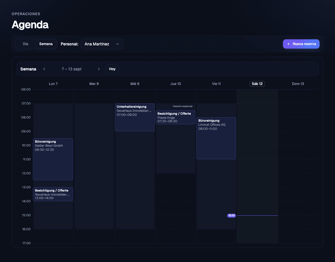 NUVRIK's Agenda screen showing a week of real bookings across a team, built for the Helvelia Facility demo organization