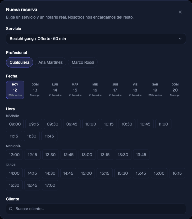 NUVRIK's New Booking dialog with a service selected, showing real available time slots and an Any Professional option